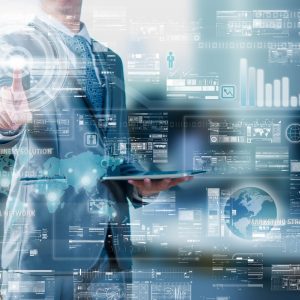 Businessman press on digital screen, digital layer effect, business strategy concept